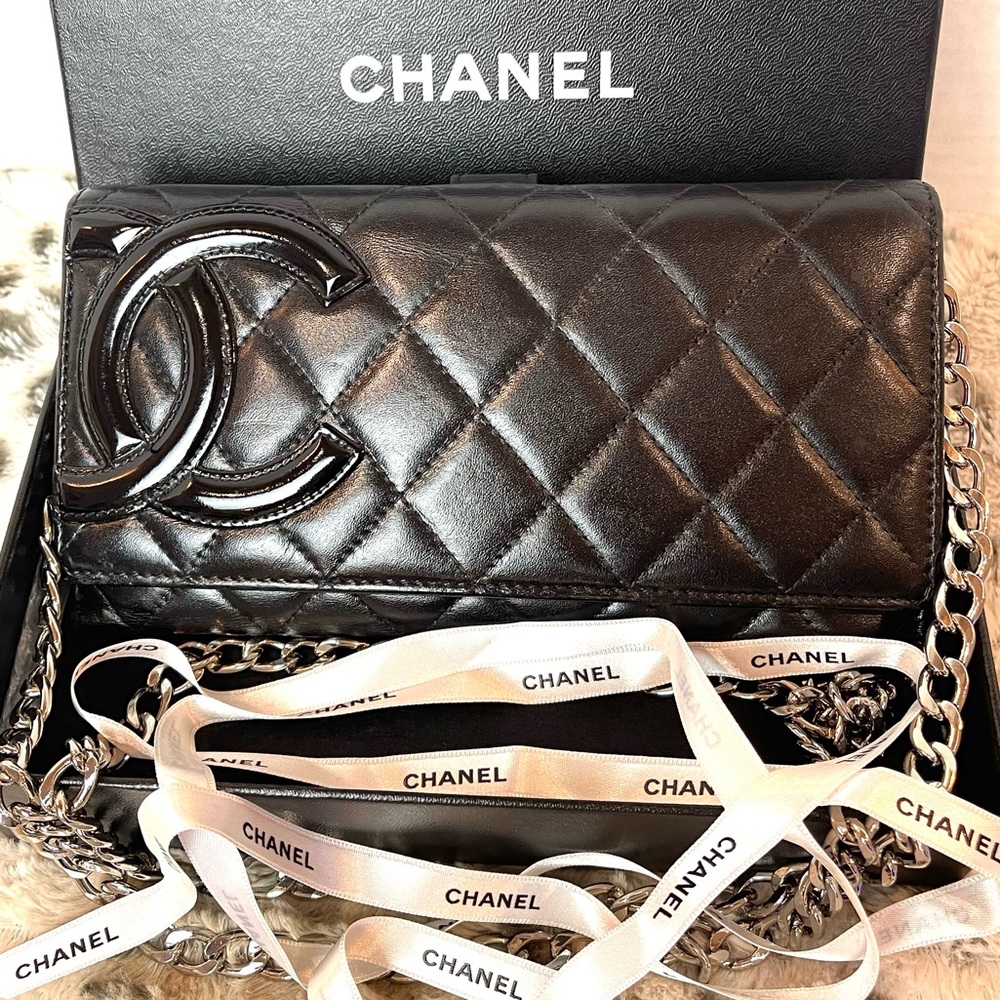 CHANEL Cambon Lambskin CC Logo Long Flap Wallet Purse Black